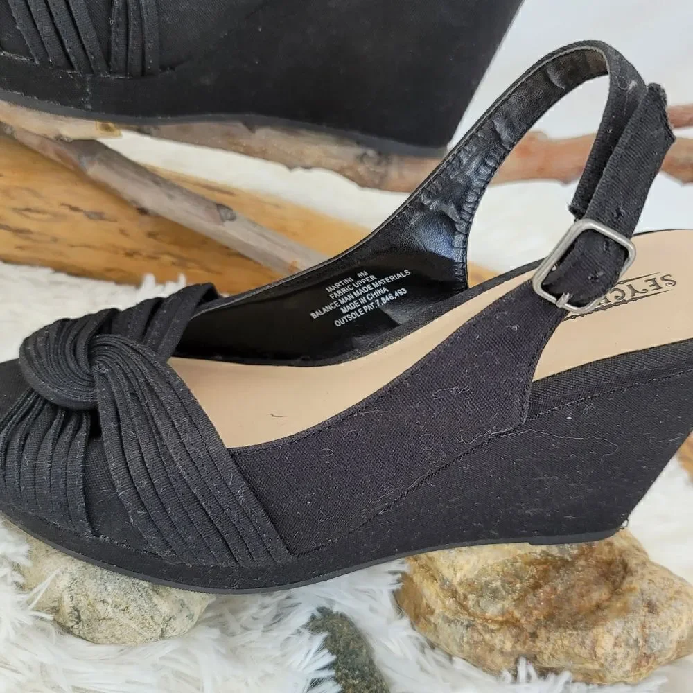 Seychelles Martini black fabric wedge slingback